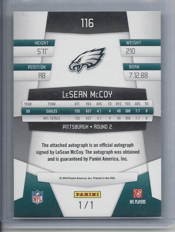 LESEAN McCOY 2010 CERTIFIED MIRROR BLACK EAGLES AUTO TRUE #D 1/1