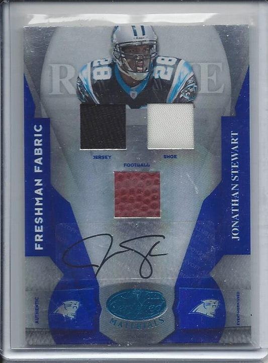 JONATHAN STEWART 2008 CERTIFIED MIRROR BLUE FRESHMAN FABRIC JERSEY AUTO RC 18/50