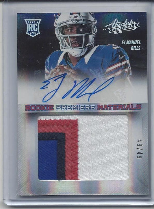 E.J. MANUEL 2013 ABSOLUTE RPM JUMBO 4 COLOR BILLS PATCH AUTO RC #D 49/49