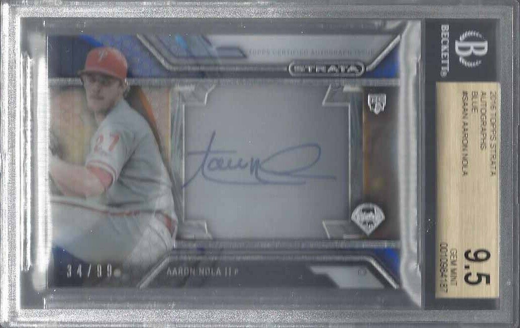 AARON NOLA 2016 TOPPS STRATA ON CARD BLUE AUTO RC #D 34/99 BGS 9.5 10 AU POP 1/1