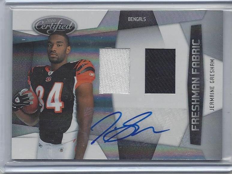 JERMAINE GRESHAM 2010 CERTIFIED FRESHMAN FABRIC DUAL JERSEY AUTO RC #D /699