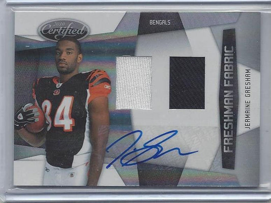 JERMAINE GRESHAM 2010 CERTIFIED FRESHMAN FABRIC DUAL JERSEY AUTO RC #D /699