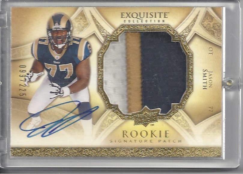 JASON SMITH 2009 UD EXQUISITE RPA 3 COLOR RAMS PATCH ON CARD AUTO RC #D 99/225