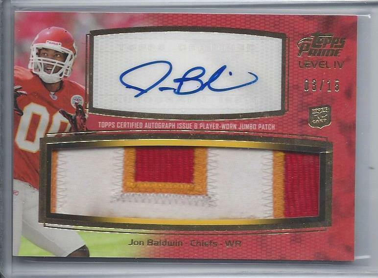 JON BALDWIN 2011 TOPPS PRIME LEVEL 4 JUMBO 3 COLOR PATCH AUTO RC #D /15