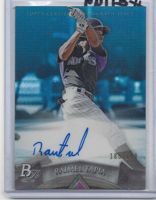 RAIMEL TAPIA 2014 BOWMAN PLATINUM PROSPECT BLUE REFRACTOR ON CARD AUTO #D /199