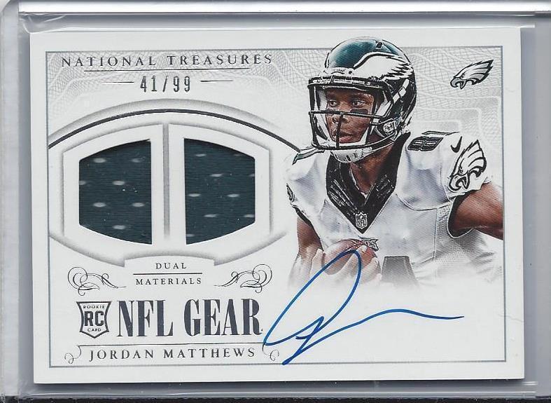 JORDAN MATTHEWS 2014 NATIONAL TREASURES NFL GEAR DUAL JERSEY ON CARD AUTO RC /99