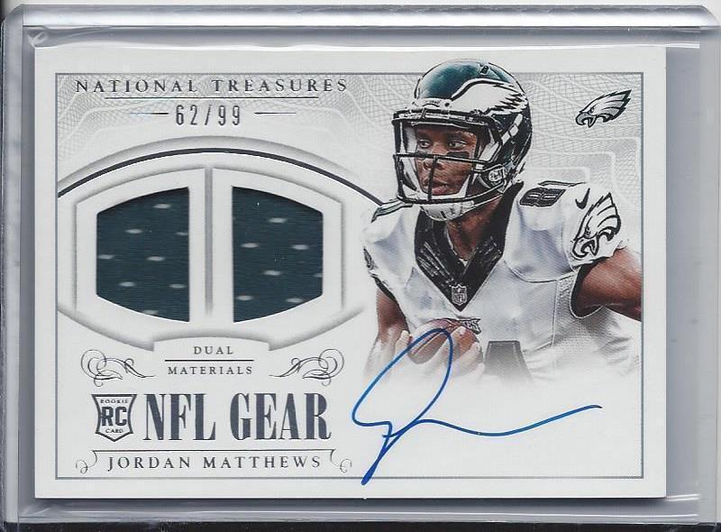JORDAN MATTHEWS 2014 NATIONAL TREASURES NFL GEAR DUAL JERSEY ON CARD AUTO RC /99