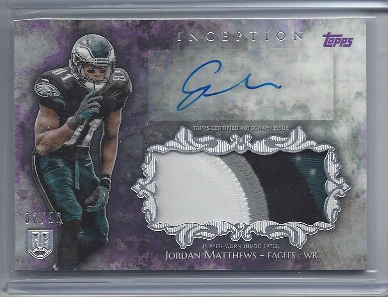 JORDAN MATTHEWS 2014 TOPPS INCEPTION PURPLE RPA 4 COLOR PATCH AUTO RC #D 2/50