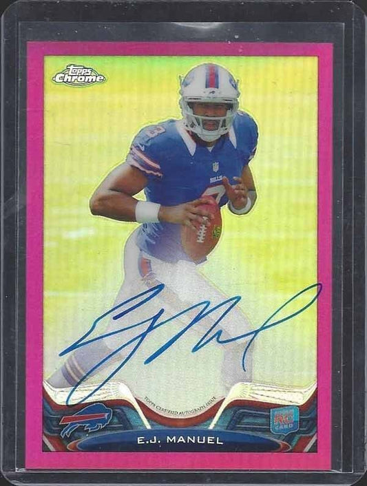 E.J. MANUEL 2013 TOPPS CHROME PINK REFRACTOR ON CARD ROOKIE AUTO RC #D 71/75