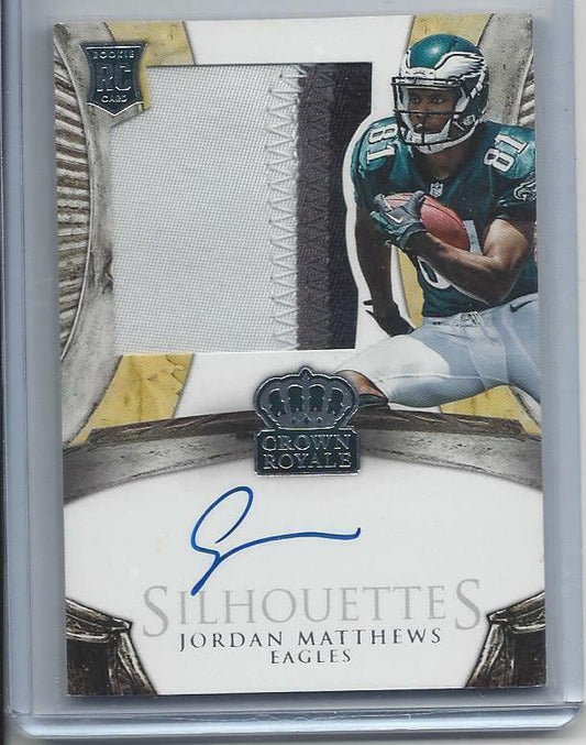 JORDAN MATTHEWS 2014 CROWN ROYALE 3 COLOR SILHOUETTE PATCH AUTO RC #D /299