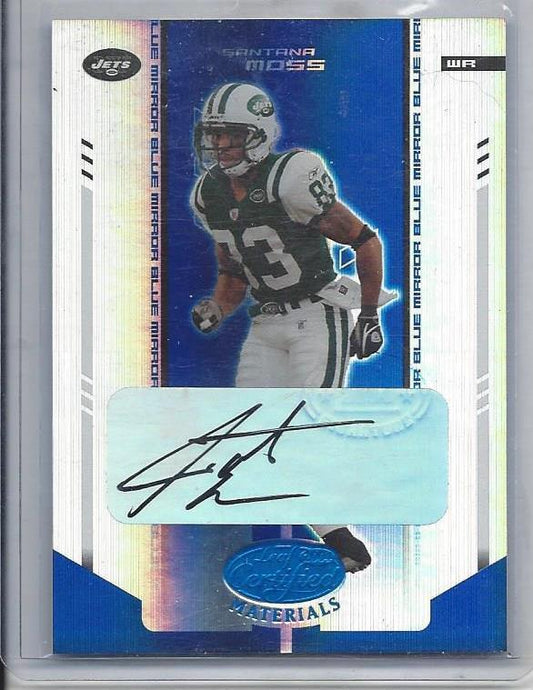 SANTANA MOSS 2004 LEAF CERTIFIED MIRROR BLUE SIGNATURES JETS AUTO #D 43/100