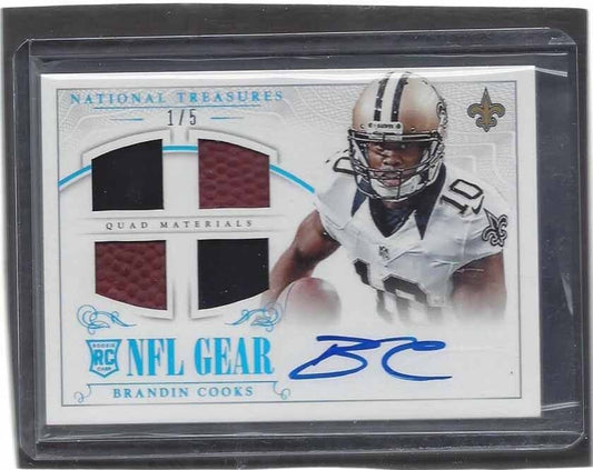 BRANDIN COOKS 2014 NATIONAL TREASURES NFL GEAR QUAD ROOKIE PATCH AUTO RC #D 1/5