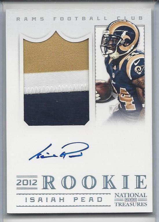 ISAIAH PEAD 2012 NATIONAL TREASURES RPA PLATINUM 3 COLOR PATCH AUTO RC #D 2/5