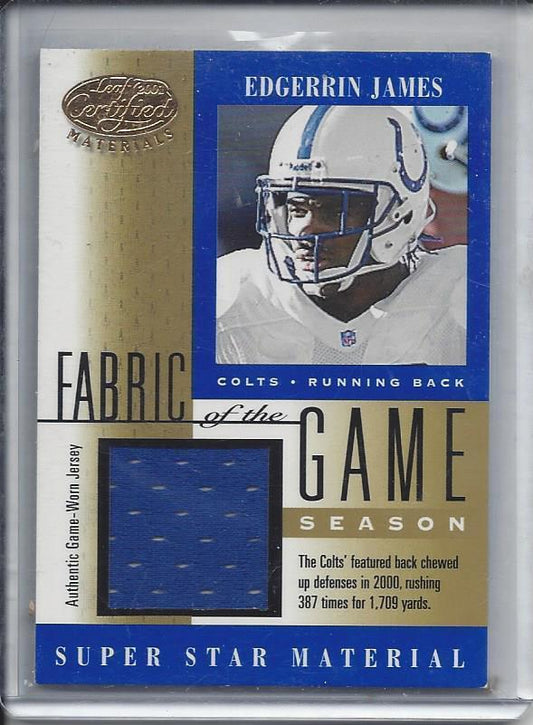 EDGERRIN JAMES 2001 LEAF CERTIFIED FABRIC OF THE GAME GOLD COLTS JERSEY #D 26/63