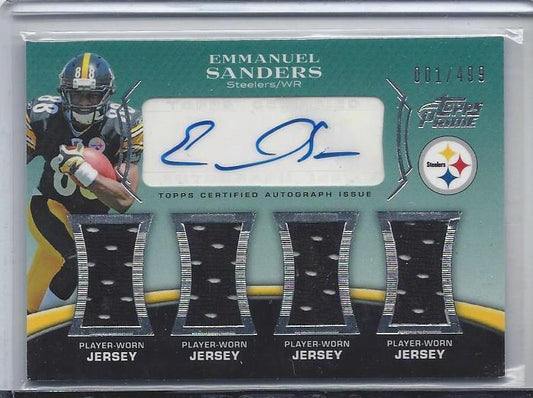 EMMANUEL SANDERS 2010 TOPPS PRIME LEVEL 5 (V) QUAD JERSEY AUTO RC #D 1/499