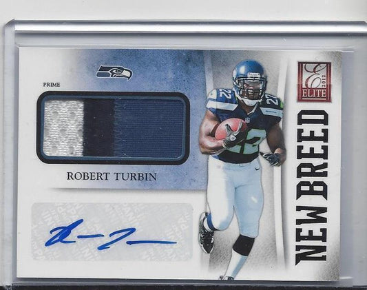 ROBERT TURBIN 2012 ELITE NEW BREED JUMBO 3 COLOR ROOKIE PATCH AUTO RC #D 14/25