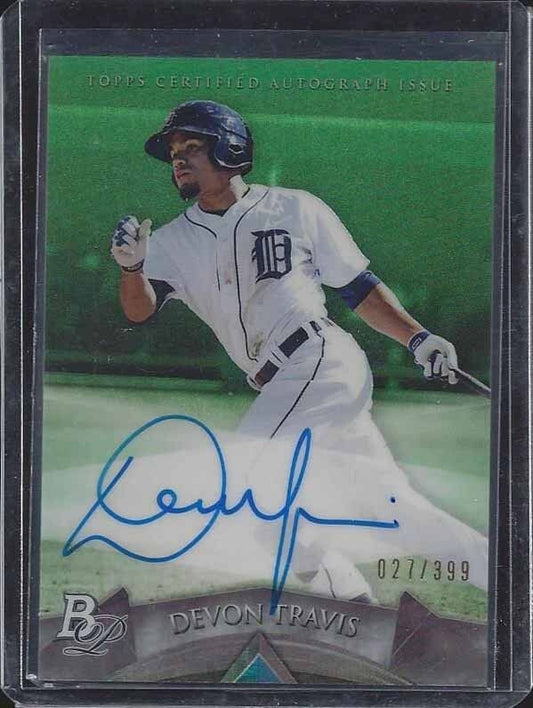 DEVON TRAVIS 2014 BOWMAN PLATINUM PROSPECTS GREEN REFRACTOR ON CARD AUTO #D /399