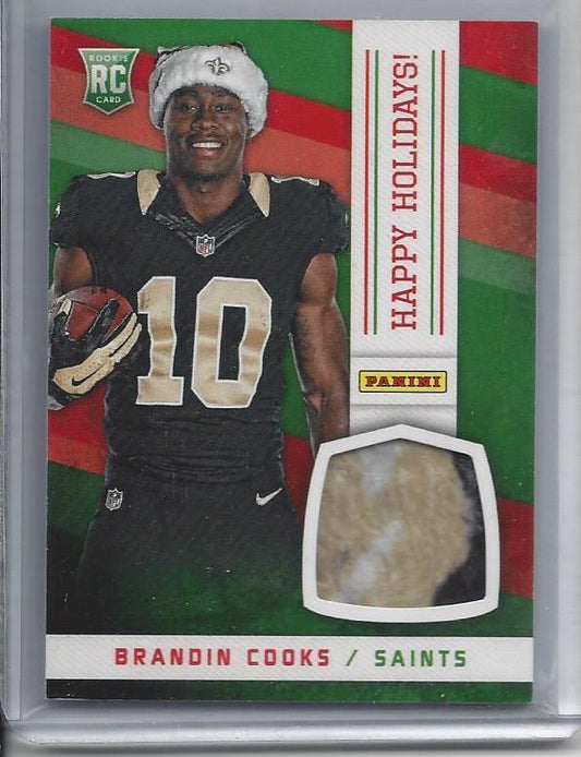 BRANDIN COOKS 2014 PANINI HAPPY HOLIDAYS 3 COLOR SANTA HAT PATCH SAINTS RC
