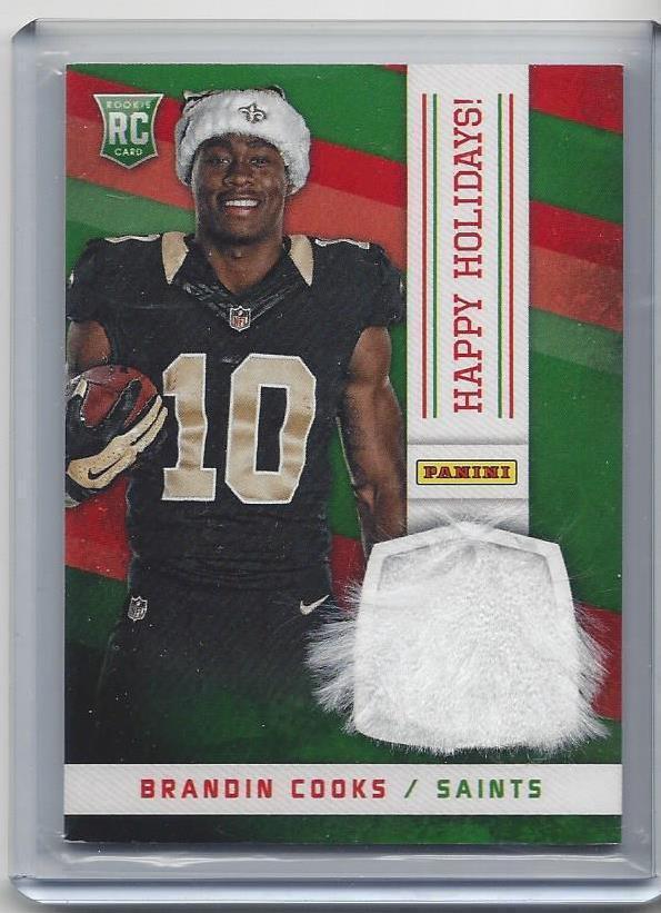 BRANDIN COOKS 2014 PANINI HAPPY HOLIDAYS 3 COLOR SANTA HAT PATCH SAINTS RC