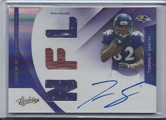 TORREY SMITH 2011 ABSOLUTE RPM TRIPLE JERSEY RAVENS ON CARD AUTO RC #D /299