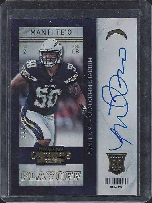 MANTI TE'O 2013 CONTENDERS PLAYOFF TICKET CHARGERS ON CARD AUTO RC #D 22/99