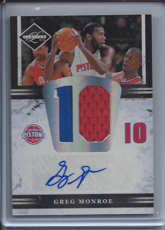 GREG MONROE 2011-12 LIMITED 3 COLOR JUMBO PISTONS #10 PATCH AUTO #D 8/25