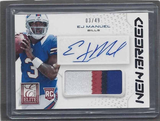 1/1 E.J. MANUEL 2013 ELITE NEW BREED 4 COLOR PATCH AUTO RC #D 3/49 HIS JERSEY #3
