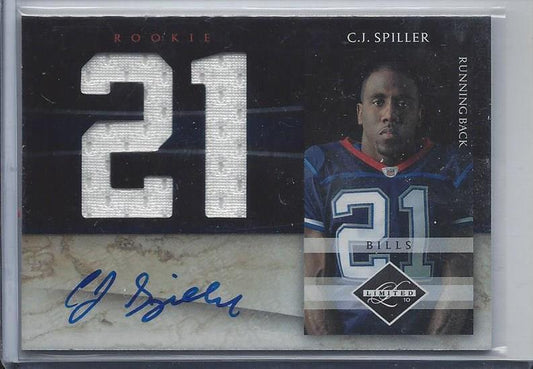 C.J. SPILLER 2010 LEAF LIMITED ROOKIE JUMBO DUAL JERSEY AUTO RC #D 7/10