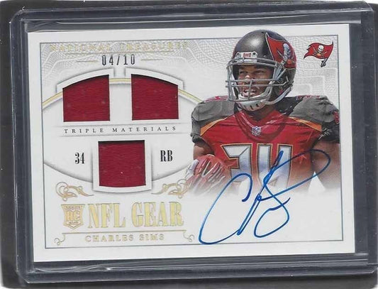 CHARLES SIMS 2013 NATIONAL TREASURES NFL GEAR GOLD TRIPLE JERSEY AUTO RC #D 4/10