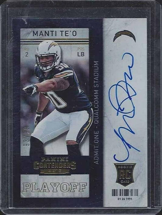 MANTI TE'O 2013 CONTENDERS PLAYOFF TICKET VARIATION ON CARD AUTO RC #D 93/99