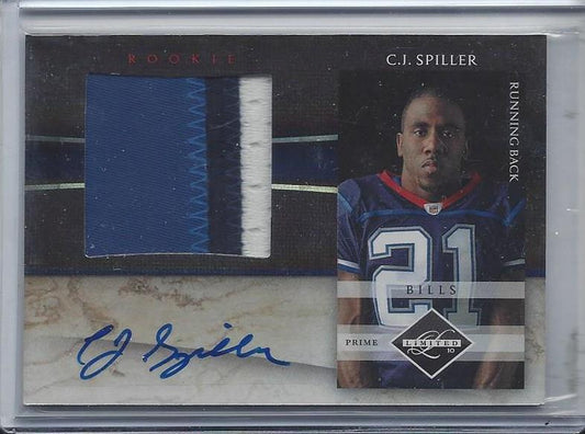 C.J. SPILLER 2010 LEAF LIMITED ROOKIE JUMBO 3 COLOR PATCH AUTO RC #D 3/25