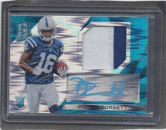 PHILLIP DORSETT 2015 SPECTRA NEON BLUE PRIZM RPA ROOKIE PATCH AUTO RC #D 4/50