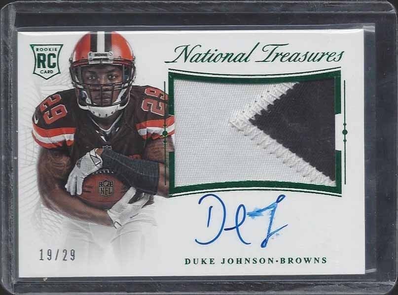 DUKE JOHNSON JR. 2015 NATIONAL TREASURES GREEN JERSEY NUMBER PATCH AUTO RC /29