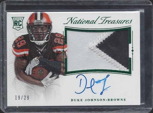 DUKE JOHNSON JR. 2015 NATIONAL TREASURES GREEN JERSEY NUMBER PATCH AUTO RC /29