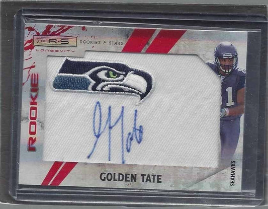 GOLDEN TATE 2010 ROOKIES & STARS LONGEVITY RED JUMBO PATCH ON CARD AUTO RC #D /5