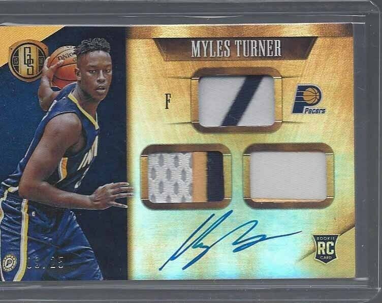 MYLES TURNER 2015-16 GOLD STANDARD PRIME TRIPLE PACERS PATCH ON CARD AUTO RC /25