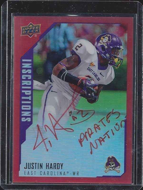 JUSTIN HARDY 2015 UD INSCRIPTIONS RED REFRACTOR "PIRATES NATION" AUTO RC #D /149