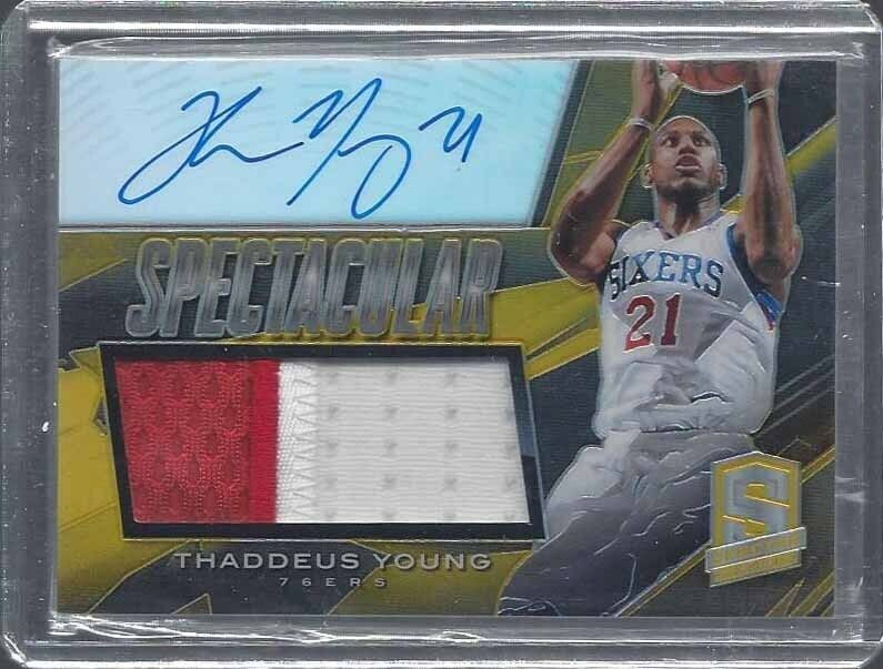 THADDEUS YOUNG 2013-14 SPECTRA SPECTACULAR GOLD PRIZM JUMBO PATCH AUTO #D 9/10