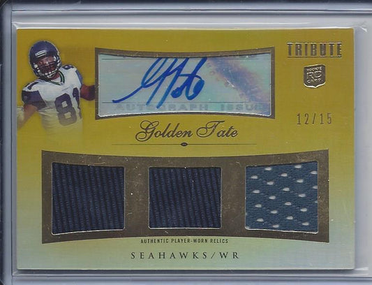GOLDEN TATE 2010 TOPPS TRIBUTE GOLD REFRACTOR TRIPLE JERSEY AUTO RC #D 12/15