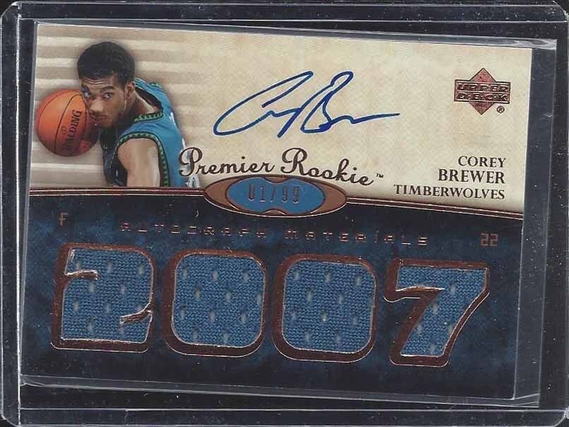 COREY BREWER 2007-08 UD PREMIER BRONZE QUAD JERSEY ON CARD AUTO RC #D 1/99