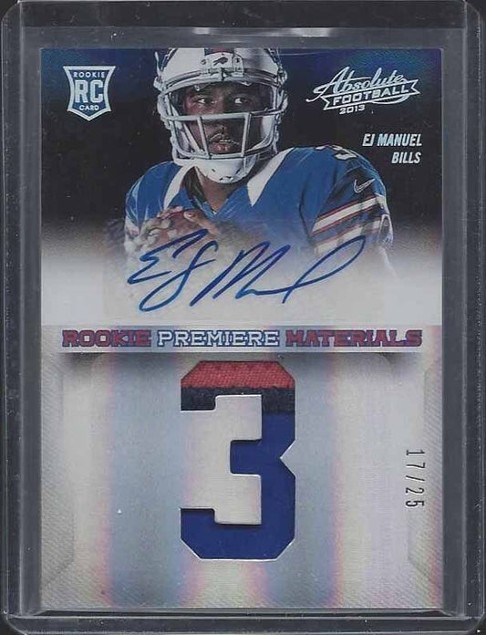 E.J. MANUEL 2013 ABSOLUTE RPM JUMBO JERSEY NUMBER 3 COLOR PATCH AUTO RC #D 17/25