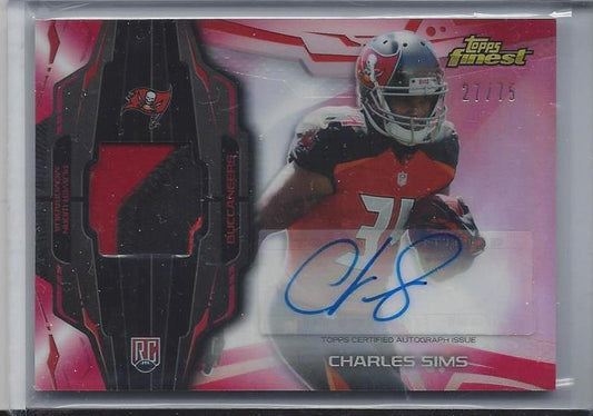 CHARLES SIMS 2014 TOPPS FINEST RED REFRACTOR RPA 3 COLOR PATCH AUTO RC #D 27/75
