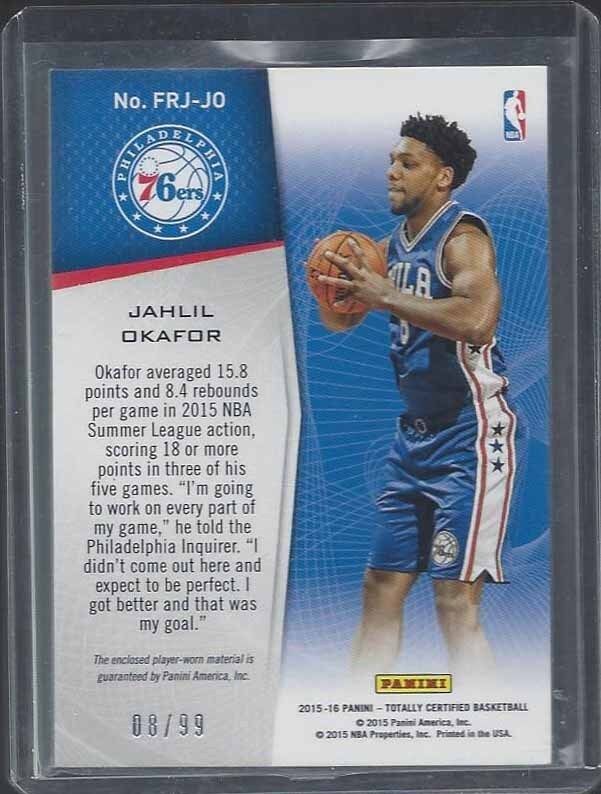 1/1 JAHLIL OKAFOR 2014-15 TOTALLY CERTIFIED FOTG BLUE JERSEY RC #D 8/99 JSY #8 !