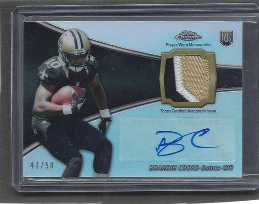 BRANDIN COOKS 2014 TOPPS CHROME RPA REFRACTOR 3 COLOR ROOKIE PATCH AUTO RC /50
