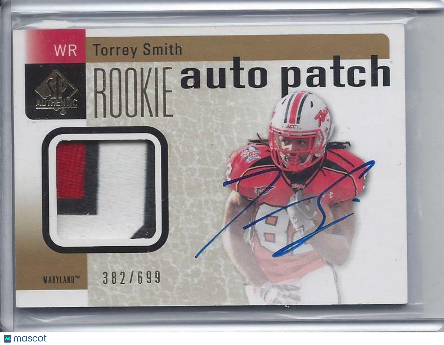 TORREY SMITH 2011 SP AUTHENTIC RPA 3 COLOR MARYLAND PATCH ON CARD AUTO RC /699