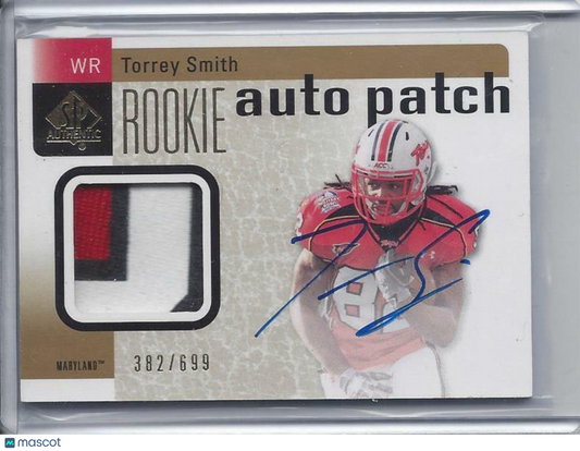 TORREY SMITH 2011 SP AUTHENTIC RPA 3 COLOR MARYLAND PATCH ON CARD AUTO RC /699