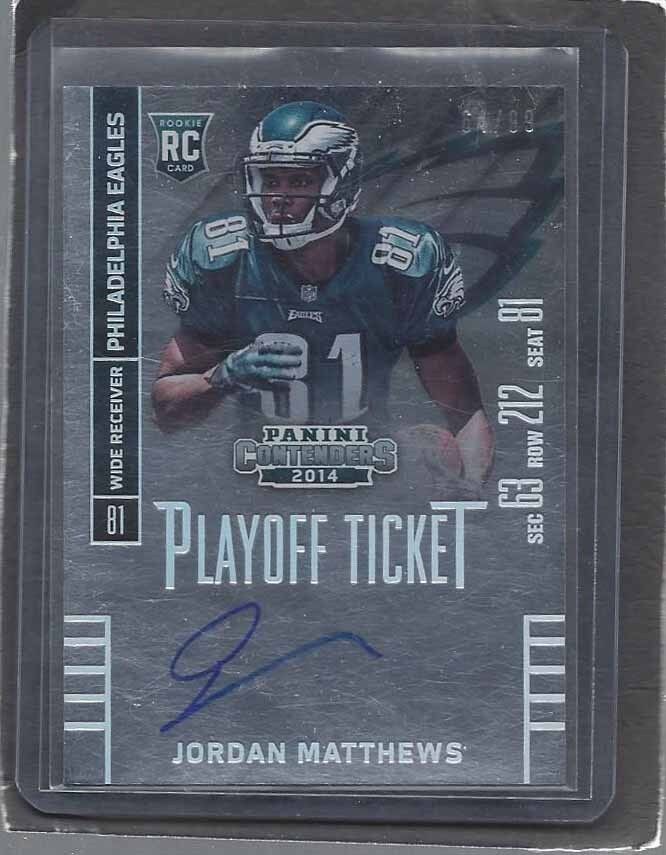 JORDAN MATTHEWS 2014 CONTENDERS PLAYOFF TICKET EAGLES ON CARD AUTO RC #D 64/99