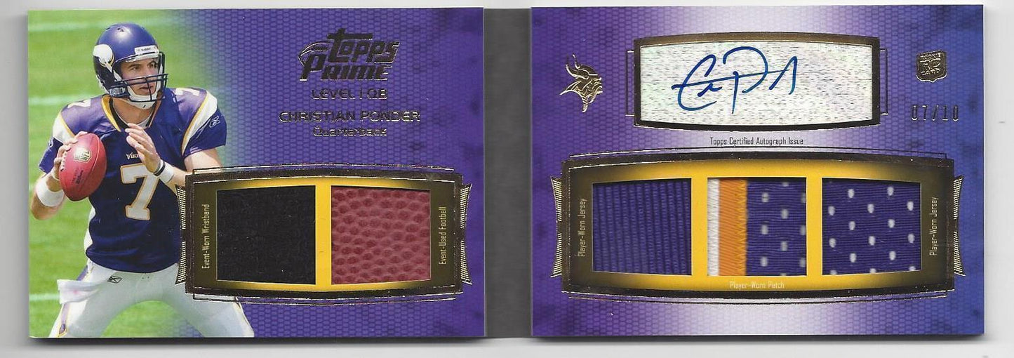1/1 CHRISTIAN PONDER 2011 TOPPS PRIME LEVEL I 5 PIECE PATCH AUTO BOOK RC #D 7/10
