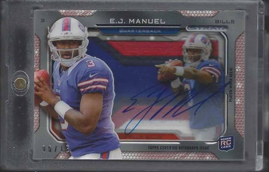 E.J. MANUEL 2013 TOPPS STRATA SIGNATURE RELIC SHADOWBOX JUMBO PATCH AUTO RC /15
