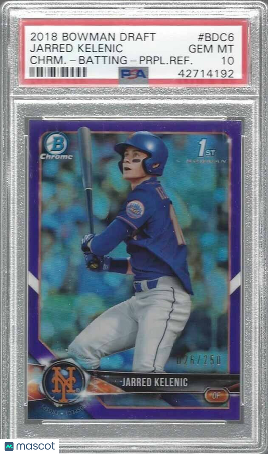 JARRED KELENIC 2018 BOWMAN CHROME 1ST PROSPECT PURPLE REFRACTOR #D 26/250 PSA 10